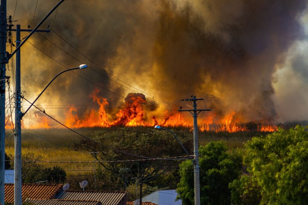 A blazing wildfire spreads through a field, emitting thick smoke.